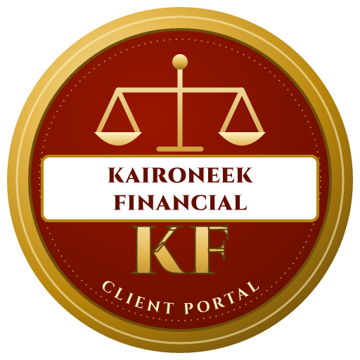 The Kaironeek Financial app icon: a gold seal with the scales of justice, Kaironeek Financial, KF and Client Portal