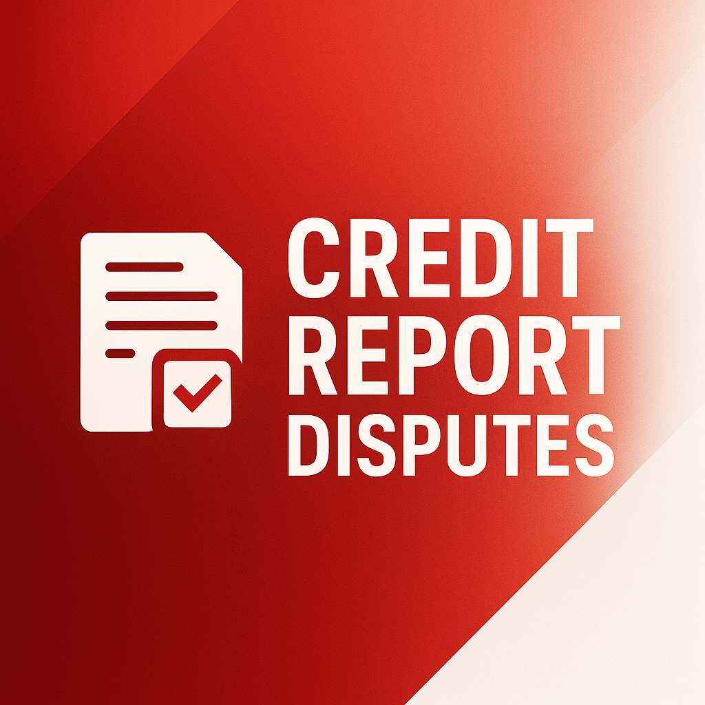 A clean and modern business graphic with the text CREDIT REPORT DISPUTES in bold professional font The design should use a strong red and white color scheme symbolizing urgency and importance Include a subtle icon of a document or checklist with a re