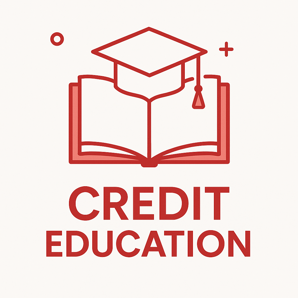 A modern flatdesign illustration for CREDIT EDUCATION Use a clean red and white color scheme Include an open book or graduation cap icon to symbolize learning Minimalist professional style with bold text that says CREDIT EDUCATION in clear modern fon-1