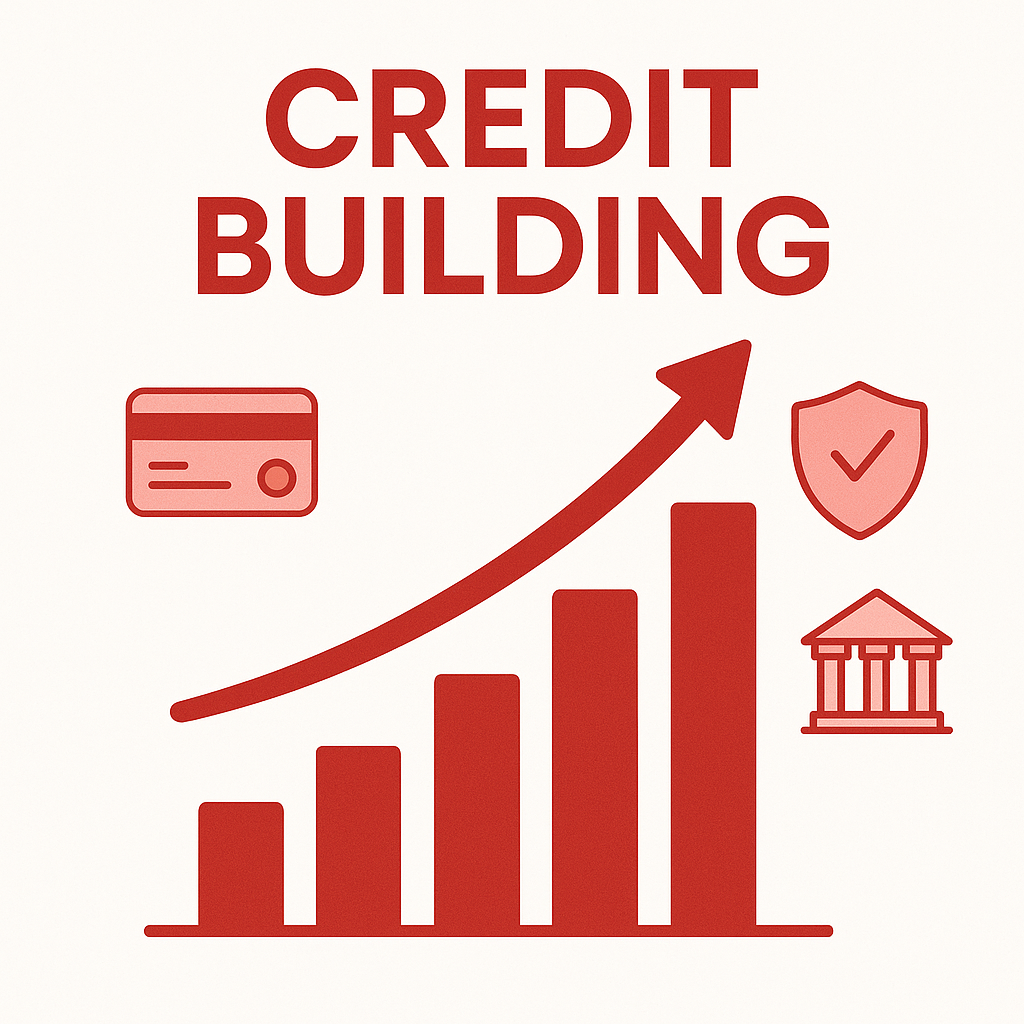 Modern flatstyle illustration of CREDIT BUILDING A clean professional design with a white background and red accent colors Show a rising bar chart with an upward arrow symbolizing growth in credit score Include small financial icons like a credit car